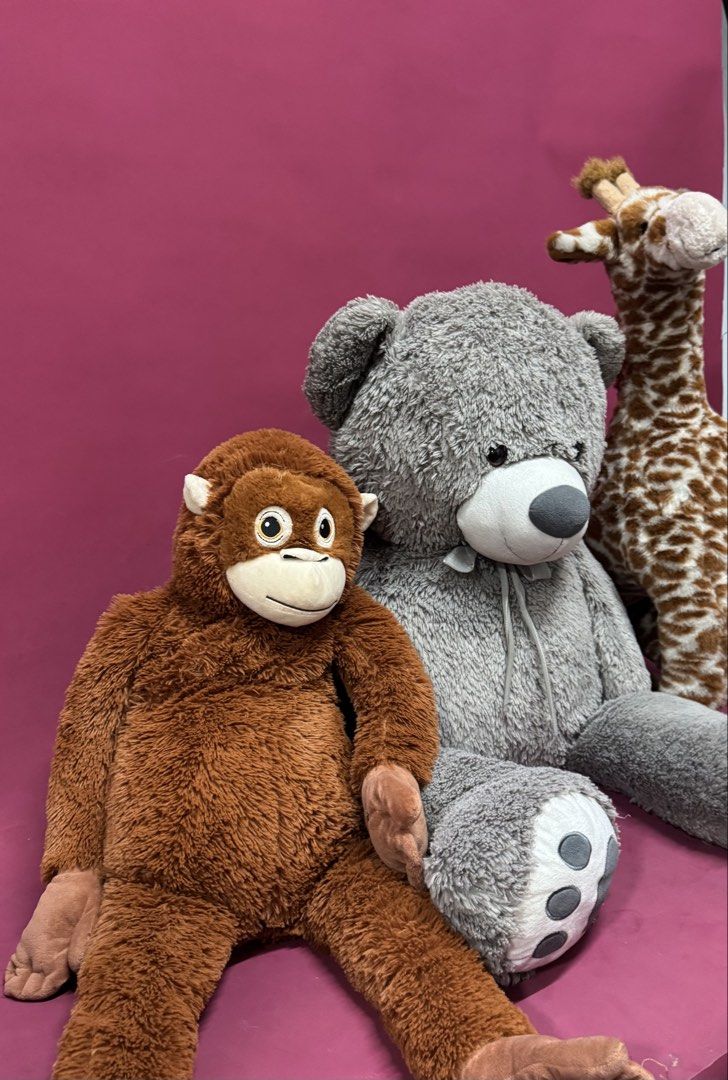 Giant Teddy Bear, Monkey, and Giraffe Plush Toys Studio Props (Category: Plushies & Soft Toys) located in Imus. Submitted by clengpotph (Listing ID 1441082710, Image 1). Description: - Set of 3 large plush toys - Includes: Giant grey teddy bear, brown monkey, spotted giraffe - Very huggable and soft - Ideal for children's rooms or as a fun decoration *** Used for studio props only *** these are big stuffed animals -giraffe can stand (hard feet) -