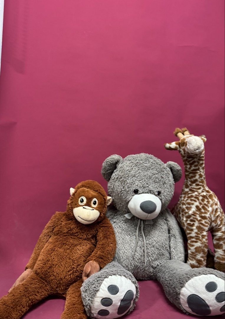 Giant Teddy Bear, Monkey, and Giraffe Plush Toys Studio Props (Category: Plushies & Soft Toys) located in Imus. Submitted by clengpotph (Listing ID 1441082710, Image 3). Description: - Set of 3 large plush toys - Includes: Giant grey teddy bear, brown monkey, spotted giraffe - Very huggable and soft - Ideal for children's rooms or as a fun decoration *** Used for studio props only *** these are big stuffed animals -giraffe can stand (hard feet) -