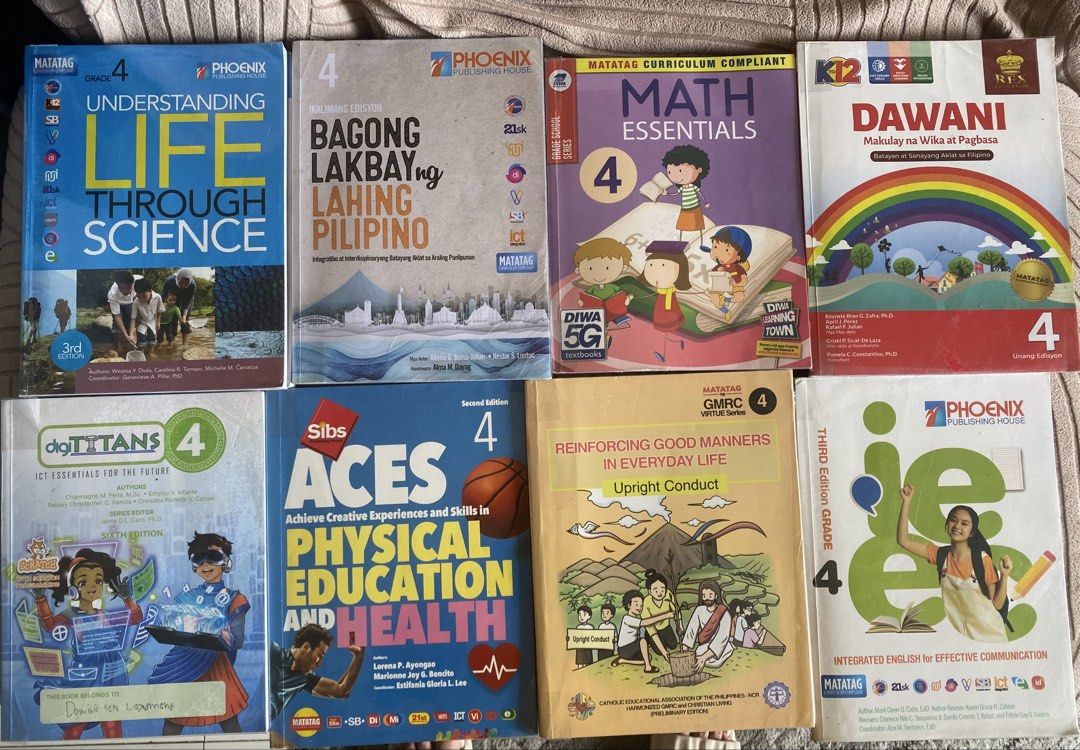 Grade 4 Textbooks (Category: Textbooks) located in Manila. Submitted by laralax (Listing ID 1440989248, Image 2). Description: Grade 4 Textbooks (only few pages written in some books) - Masiglang Pamumuhay para sa Kinabukasan (SOLD) - Reinforcing Good Manners in Everyday Life (SOLD) - DAWANI Makulay na Wika at Pagbasa - Integrated English for Effective Communication (SOLD) - Math Essentials (SOLD) - ACES Physical Education and Health - Bagong Lak