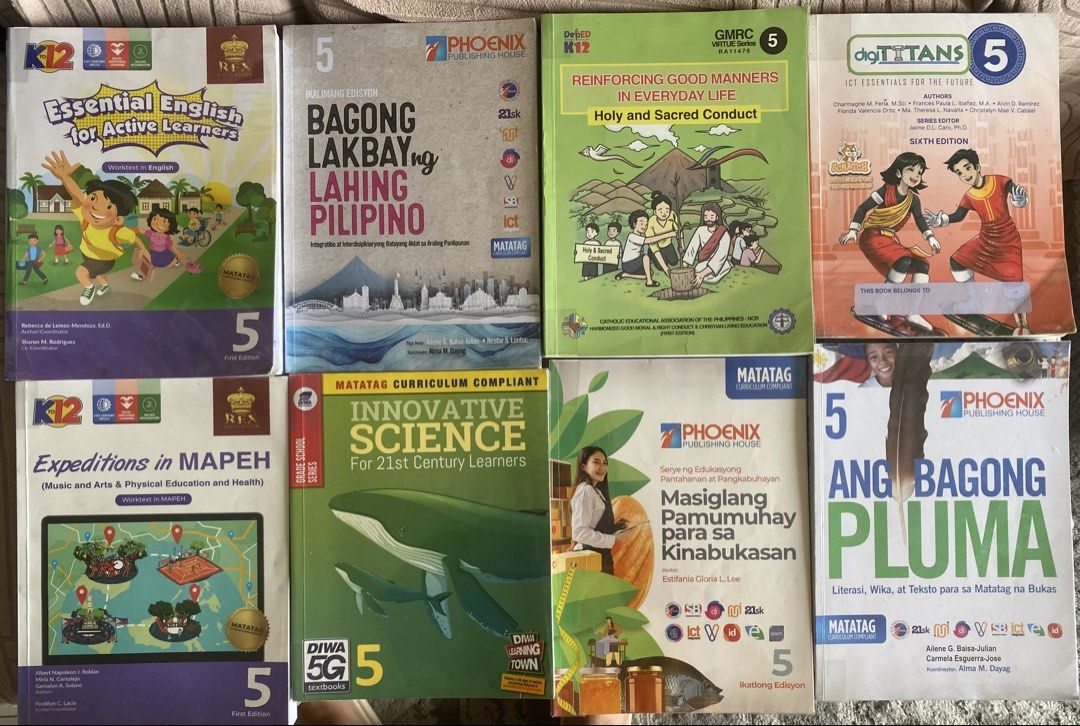Grade 5 Textbooks: Math, Filipino, MAPEH, ICT (Category: Textbooks) located in Manila. Submitted by laralax (Listing ID 1440992465, Image 2). Description: Grade 5 Textbook (very few pages with written in some books) - Math Essentials (SOLD) - Essential English for Active Learners (SOLD) - Bagong Lakbay ng Lahing Pilipino (SOLD) - Reinforcing Good Manners in Everyday Life (SOLD) - Digtittans - Expeditions in MAPEH - Innovative Science for 21st Cen
