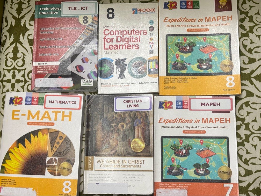 Grade 8 used school textbooks (Category: Textbooks) located in Manila. Submitted by wildbird_4c3ffa (Listing ID 1441078408, Image 1). Description: MODE OF PAYMENT: GCASH ICT Tools Today High School Series: Computers for Digital Learners (Multimedia) Publisher: Phoenix Publishing House Grade 8 Condition: good as new, clean pages, cover clean and perfect Price: ₱300 Expeditions in MAPEH 7 Publisher: Rex Bookstore Edition: First edition, MATATAG cur
