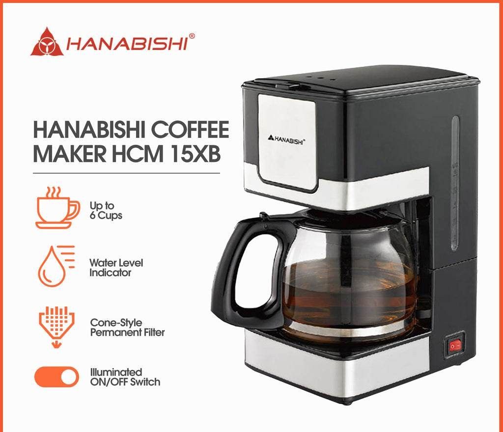 Hanabishi Coffee Maker HCM 15XB (Category: Coffee Machines & Makers) located in Manila. Submitted by biaman (Listing ID 1441131144, Image 1). Description: - Hanabishi Coffee Maker (Model: HCM 15XB) - Brews up to 6 cups of coffee - Convenient water level indicator - Reusable cone-style permanent filter - Illuminated ON/OFF switch for easy operation - Comes with a durable glass carafe and brew basket - Simple and easy to use for your daily coffee n