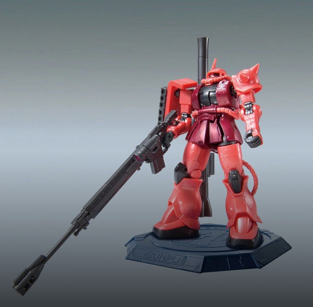 HG The Gundam Base Limited Char Aznable's Zaku II Metallic (Category: Gundam Model Kits) located in Singapore. Submitted by zhiandisellstuff (Listing ID 1441081834, Image 2). Description: features the stellar HG The Origin mold upgraded with a stunning, high-gloss metallic finish.Key Highlights: Massive Anti-Ship Rifle: Includes the iconic, ultra-long sniper rifle for incredible dynamic sniping poses. Exclusive Display Base: Comes with a special,
