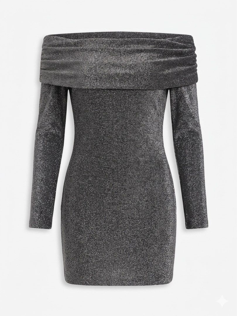 H&M Divided Glittery Off-Shoulder Dress (Category: Dresses) located in Quezon City. Submitted by be_declutterandthrift (Listing ID 1441084601, Image 1). Description: The body-con silhouette effortlessly hugs your curves, while the elegant, wide over-the-shoulder fold creates a dramatic, romantic neckline that highlights the collarbones. Perfect for parties, holiday celebrations, or a glamorous night out, its long, sleek sleeves balance the mini l