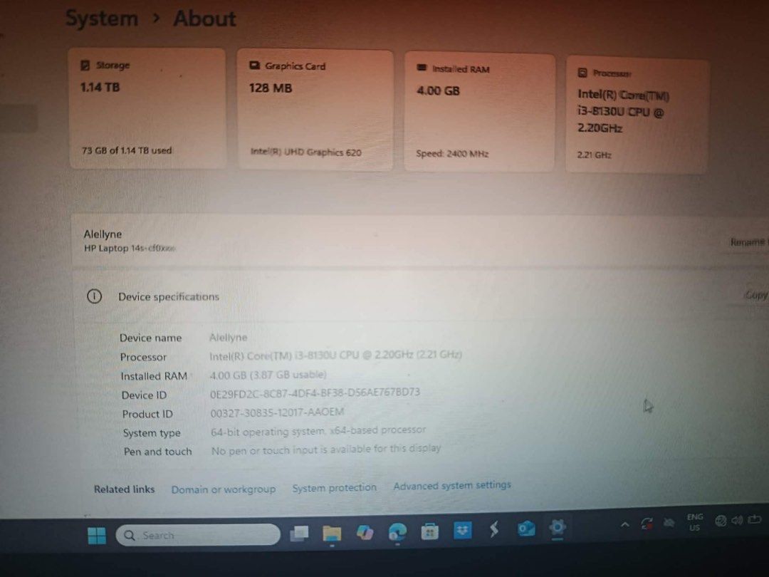 HP Laptop - Intel Core i3, 4GB RAM, 1.14TB Storage (Category: Laptops & Notebooks) located in Manila. Submitted by michaelaalellyne (Listing ID 1441072373, Image 2). Description: Model: HP Laptop 14s-cf0136TU Issues: Normal Dents, Battery (need palitan, goods gamitin if nakasaksak, hindi malag and namamatay) 6k po pero 5k kung kunin po agad. - HP Laptop - Intel(R) Core(TM) i3-8130U CPU @ 2.20GHz - 4.00 GB RAM - 1.14 TB Storage - Windows 11 Home S