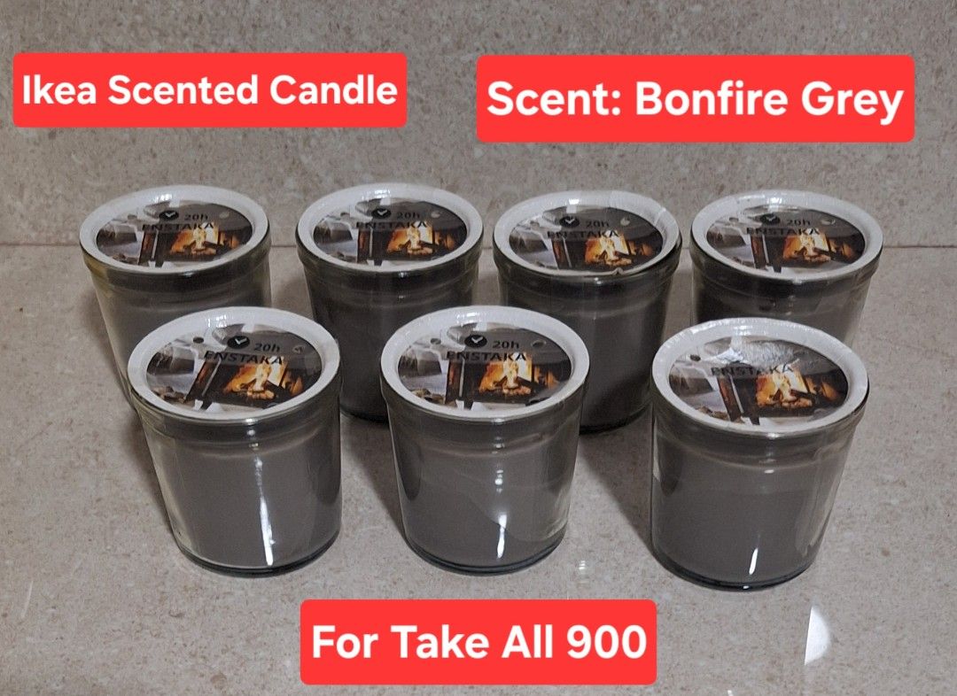 Ikea ENSTAKA Scented Candle - Bonfire Grey (Category: Home Fragrance) located in Naic. Submitted by blikitiplix (Listing ID 1440967845, Image 1). Description: - Set of 7 Ikea ENSTAKA scented candles - Scent: Bonfire Grey - Burn time: Approximately 20 hours per candle - Creates a cozy and warm atmosphere - Bundle price: $1000 for all 6.