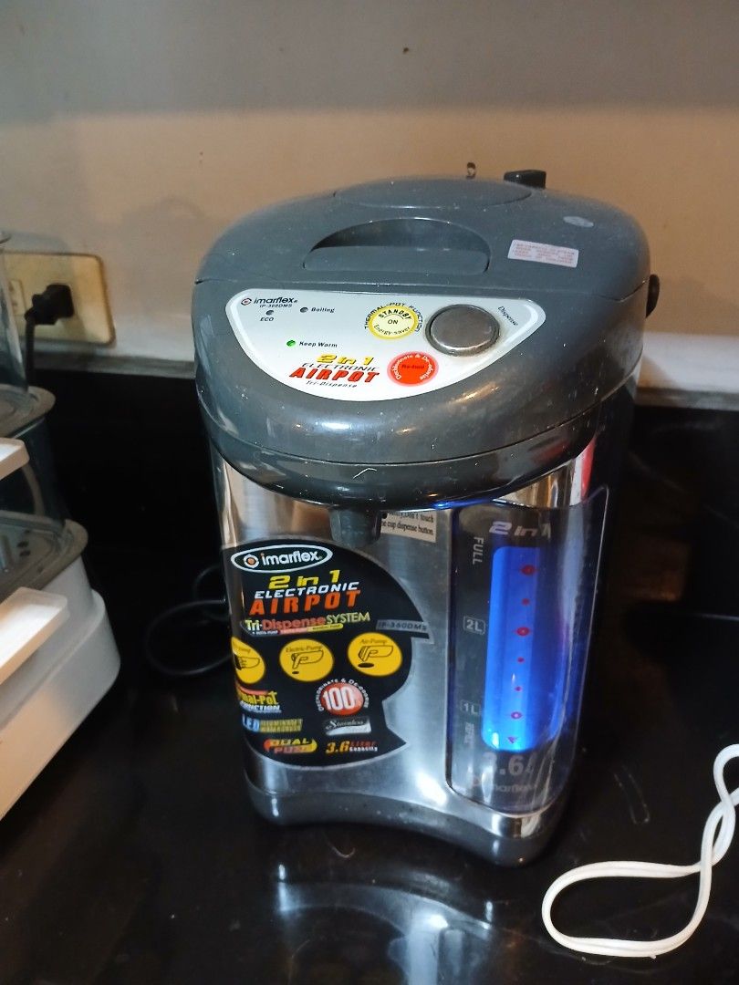 Imarflex Electronic Air Pot 3.6L (Category: Cookers) located in Manila. Submitted by jacquelinelimcheng1982.jc (Listing ID 1441055383, Image 1). Description: - Imarflex Electronic Air Pot - 3.6 Liter Capacity - 2-in-1 Dispensing System - Blue Water Level Indicator - Excellent Working Condition - Perfect for keeping water hot.