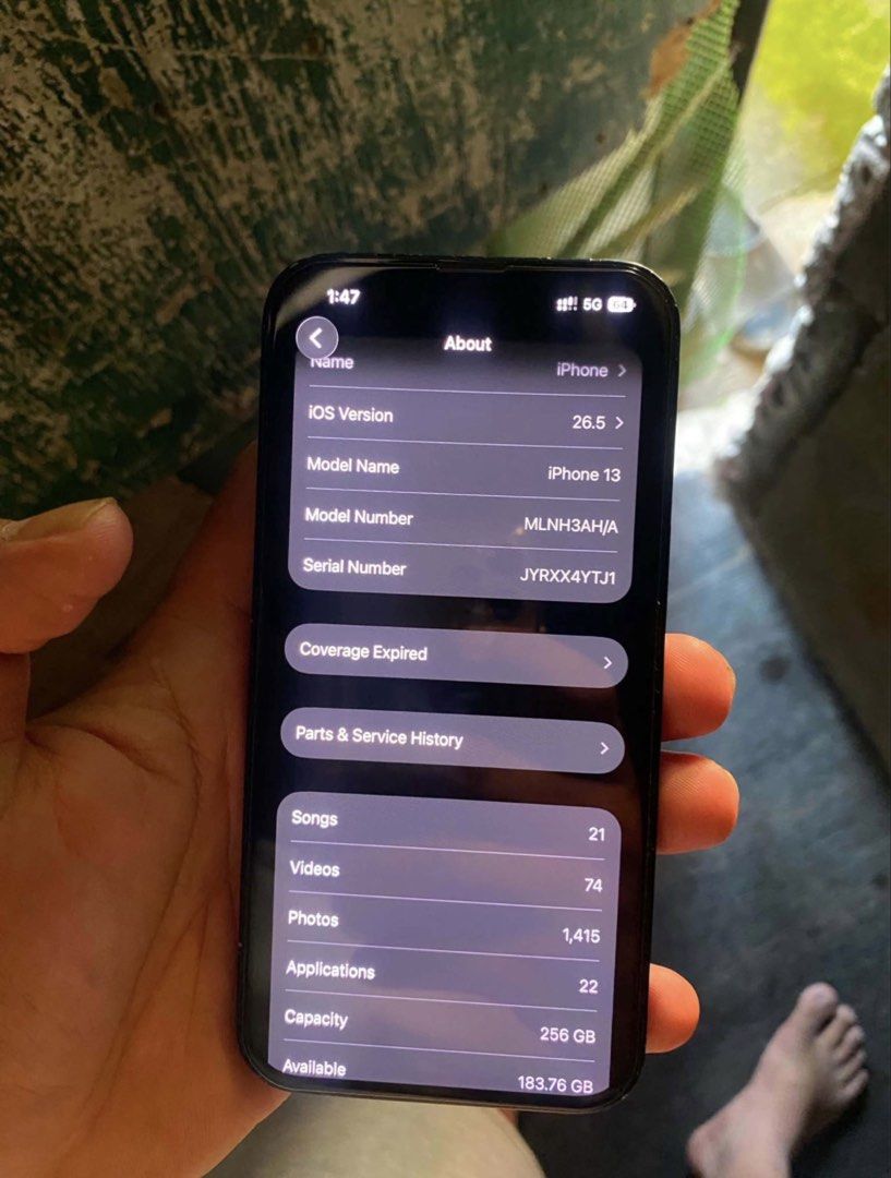 Iphone 13 256gb (Category: iPhone 13 Series) located in Manila. Submitted by swiftmountain-363e (Listing ID 1440959168, Image 3). Description: Iphone 13 256gb 97% batt (change batt) No sim restrictions Face id/ truetone working Working all buttons Unli reset ready 5-6 hrs bago ma lowbat Minimal paint chips issue hindi nag ffocus back cam, front cam all goods, wifi/bluetooth not working. Meet up- Robinson Galeria, Festival Mall alabang .