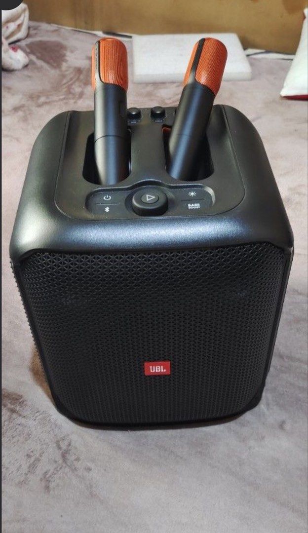 JBL Party Box Portable Speaker with 2 Microphones (Category: Soundbars, Speakers & Amplifiers) located in San Fernando. Submitted by lacy1666 (Listing ID 1441149182, Image 1). Description: - JBL portable speaker perfect for karaoke nights. - Includes two microphones with distinctive orange mesh tops. - Simple setup and user-friendly operation. - Take your singing sessions anywhere with this portable device. - Sleek black speaker design with a pro