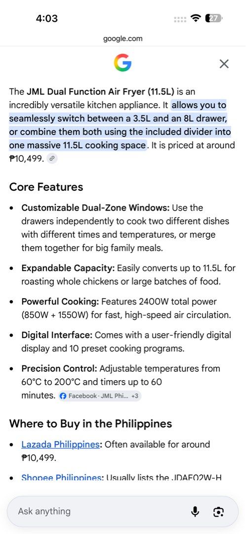 JML Dual Function Air Fryer 11.5L (Category: Fryers) located in San Juan City. Submitted by declutter_stuffph (Listing ID 1441029508, Image 3). Description: - Versatile cooking: Use 3.5L or 8L drawers individually, or combine for a massive 11.5L capacity. - Dual-zone cooking: Cook two different dishes simultaneously with customizable time and temperature settings. - Expandable space: Easily adjust cooking capacity to fit your needs. - Powerful pe