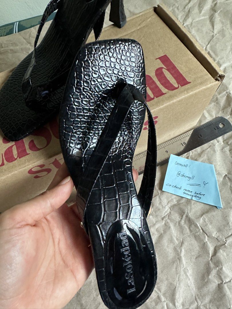 Kitten Heels (Las Palmas) - LA SOLEDAD STUDIOS (Original) (Category: Heels) located in Manila. Submitted by cherreyll (Listing ID 1440980633, Image 2). Description: Original price: 1000php Never been used Perfect for: 18-21cm foot Size: 8inch sandals for "6-6.5inch feet size" Croc-pattern design Heel height: 3inch Material: PU leather.