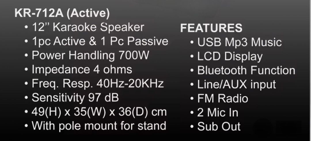 KR-712A Karaoke Speaker System with Subwoofer (Category: Soundbars, Speakers & Amplifiers) located in Caloocan City. Submitted by ceciledij37038 (Listing ID 1440969240, Image 2). Description: Pang Malakasang Setup The Konzert KS-12SUB is a 12-inch active powered subwoofer designed for deep bass reproduction in home and commercial audio setups. It features a built-in 300W amplifier, adjustable crossover controls, and a dual-port bass reflex enclos