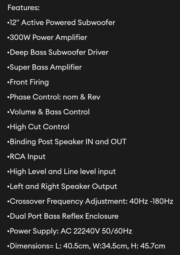 KR-712A Karaoke Speaker System with Subwoofer (Category: Soundbars, Speakers & Amplifiers) located in Caloocan City. Submitted by ceciledij37038 (Listing ID 1440969240, Image 3). Description: Pang Malakasang Setup The Konzert KS-12SUB is a 12-inch active powered subwoofer designed for deep bass reproduction in home and commercial audio setups. It features a built-in 300W amplifier, adjustable crossover controls, and a dual-port bass reflex enclos