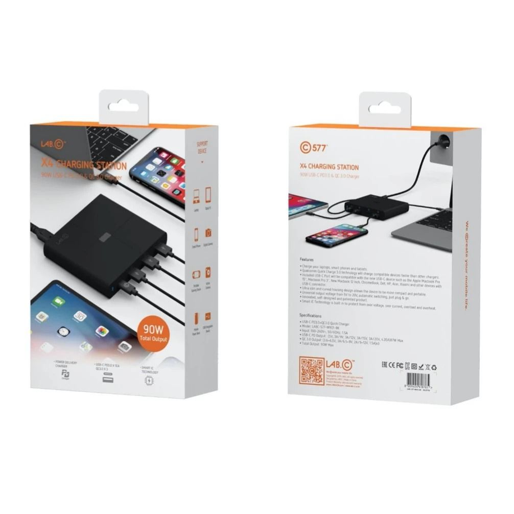 LAB.C X4 4-Port Charging Station 90W (Category: Chargers) located in Manila. Submitted by bimmbbbb (Listing ID 1441129652, Image 2). Description: - Charge multiple devices at once with a powerful 90W output. - Equipped with 1 USB-C PD port for fast charging compatible devices. - Includes 3 USB-A ports for broader device compatibility. - Ideal for charging laptops, tablets, and smartphones. - Compact and portable design, perfect for travel or home