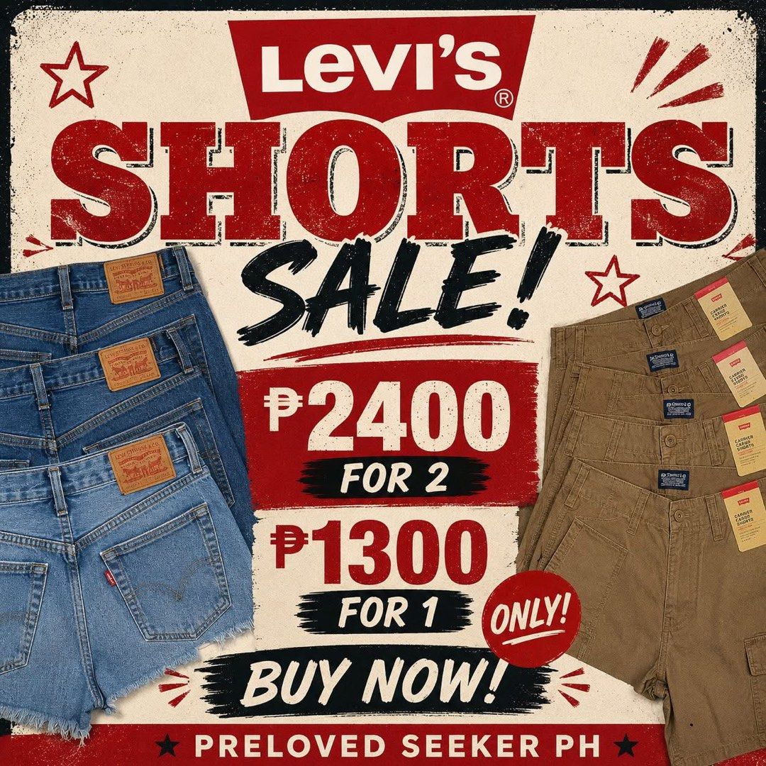 Levi's Shorts Sale! (Category: Shorts) located in Manila. Submitted by prelovedseekerph (Listing ID 1440970173, Image 1). Description: 👖 ₱2400 for 2 👖 ₱1300 for 1 ONLY ✅ FREE SHIPPING nationwide (j&t) ✅ Pwedeng mix & match ✅ Lahat ng items ON HAND sa Philippines 🇵🇭✅ Direct from USA 🇺🇸 ✅ All items are ORIGINAL & BRAND NEW Until supplies last lang ito 🫡 kaya BUY NA! 🔥 📍 Preloved Seeker PH - Imus, Cavite.