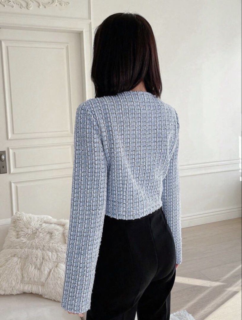 Light Blue Tweed Cropped Jacket with Gold Buttons (Category: Coats, Jackets and Outerwear) located in Manila. Submitted by cjunio (Listing ID 1441036399, Image 1). Description: - Cropped tweed jacket - Lovely light blue color - Round neckline - Gold button details down the front - Long sleeves with a slight flare - Versatile styling: pairs well with high-waisted pants or skirts - Chic and stylish design.