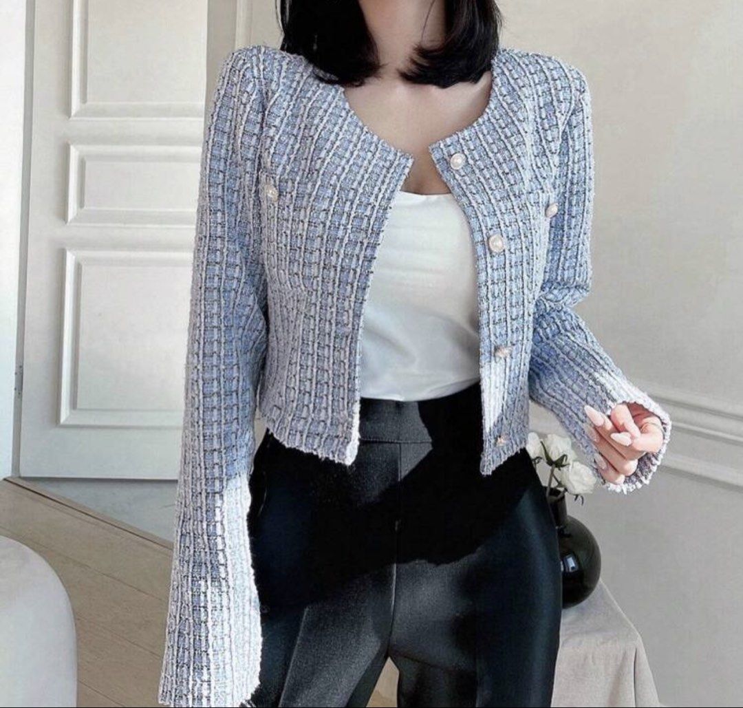 Light Blue Tweed Cropped Jacket with Gold Buttons (Category: Coats, Jackets and Outerwear) located in Manila. Submitted by cjunio (Listing ID 1441036399, Image 2). Description: - Cropped tweed jacket - Lovely light blue color - Round neckline - Gold button details down the front - Long sleeves with a slight flare - Versatile styling: pairs well with high-waisted pants or skirts - Chic and stylish design.