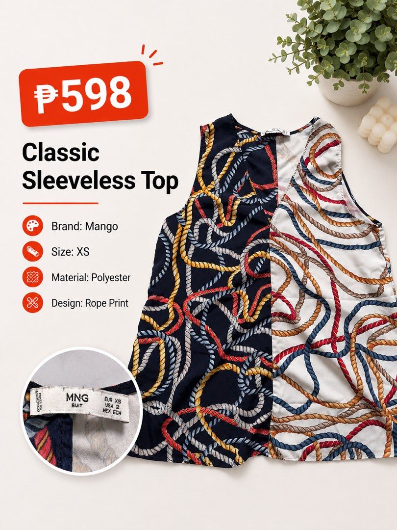 Mango Classic Rope Print Sleeveless Top XS (Category: Sleeveless) located in Quezon City. Submitted by poshforward (Listing ID 1440984760, Image 2). Description: - Brand: Mango - Style: Sleeveless Top - Design: Cool Rope Print - Material: Polyester - Size: XS - Occasion: Casual or Dressy.