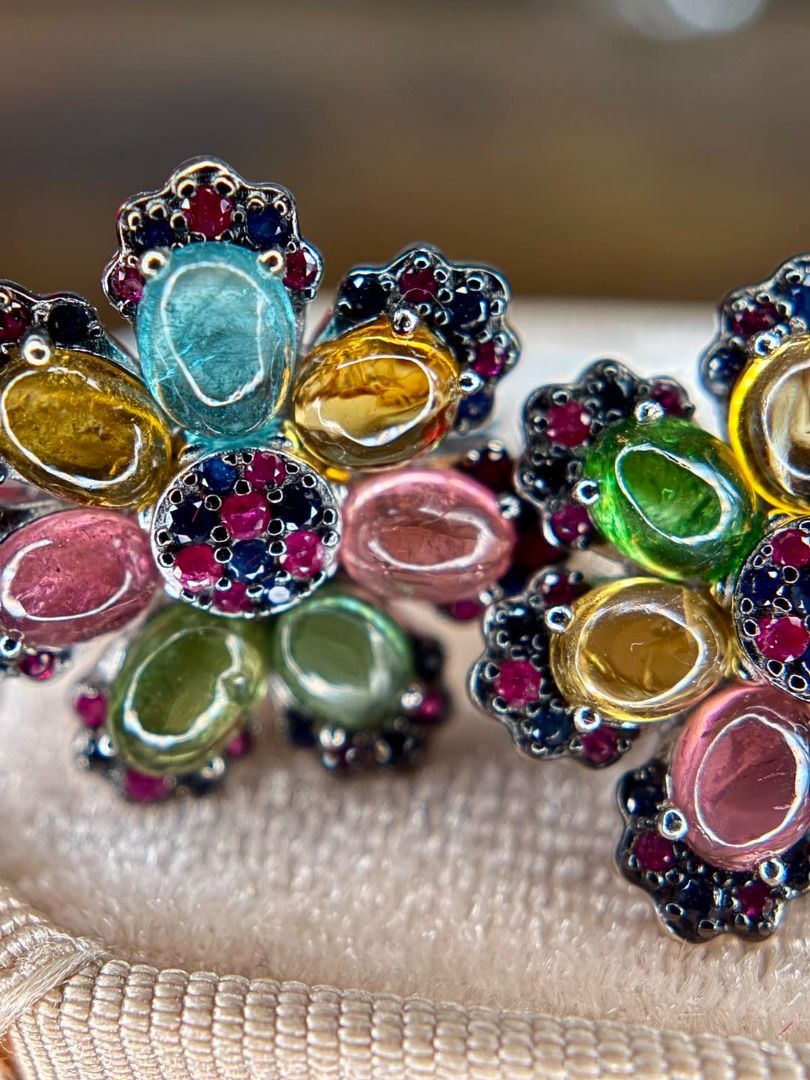 Natural Tourmaline, Ruby & Sapphire Set (Category: Earrings) located in Baguio. Submitted by asna_taku (Listing ID 1441028379, Image 2). Description: 🌈✨ A floral masterpiece made of natural gemstones ✨🌈 This set is giving luxurious vintage garden vibes with the prettiest mix of colors 😮‍💨💖 Soft pastel tourmalines paired with deep ruby and sapphire accents = super unique and elegant 🌸 💎 Natural Tourmaline, Ruby & Sapphire ✨ Silver Set 💍 Ri