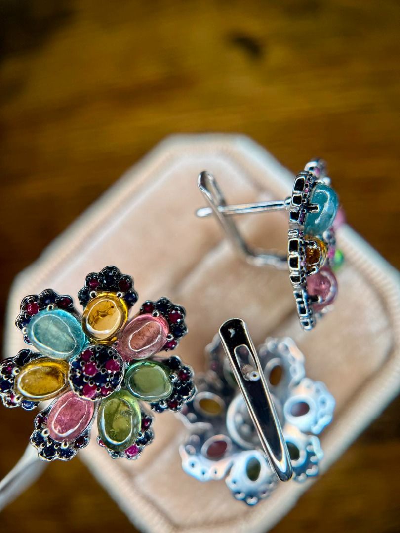 Natural Tourmaline, Ruby & Sapphire Set (Category: Earrings) located in Baguio. Submitted by asna_taku (Listing ID 1441028379, Image 3). Description: 🌈✨ A floral masterpiece made of natural gemstones ✨🌈 This set is giving luxurious vintage garden vibes with the prettiest mix of colors 😮‍💨💖 Soft pastel tourmalines paired with deep ruby and sapphire accents = super unique and elegant 🌸 💎 Natural Tourmaline, Ruby & Sapphire ✨ Silver Set 💍 Ri