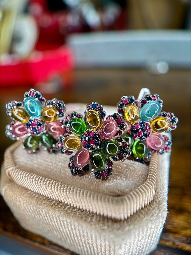 Natural Tourmaline, Ruby & Sapphire Set (Category: Earrings) located in Baguio. Submitted by asna_taku (Listing ID 1441028379, Image 1). Description: 🌈✨ A floral masterpiece made of natural gemstones ✨🌈 This set is giving luxurious vintage garden vibes with the prettiest mix of colors 😮‍💨💖 Soft pastel tourmalines paired with deep ruby and sapphire accents = super unique and elegant 🌸 💎 Natural Tourmaline, Ruby & Sapphire ✨ Silver Set 💍 Ri