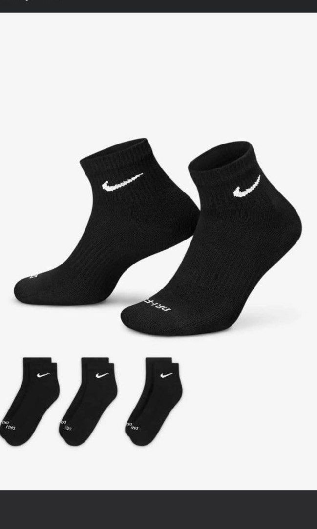 Nike Everyday Plus Cotton Cushioned Ankle Socks (3 Pairs) (Category: Socks) located in Lucena. Submitted by halfrackph (Listing ID 1440974802, Image 2). Description: - 💯original - Black Nike Everyday Plus Socks - Pack of 3 pairs - Size L (27-30 cm) - Made with comfortable cotton and cushioned sole - Features Nike Dri-FIT technology for moisture-wicking - Ankle cut design - Made in Sri Lanka.