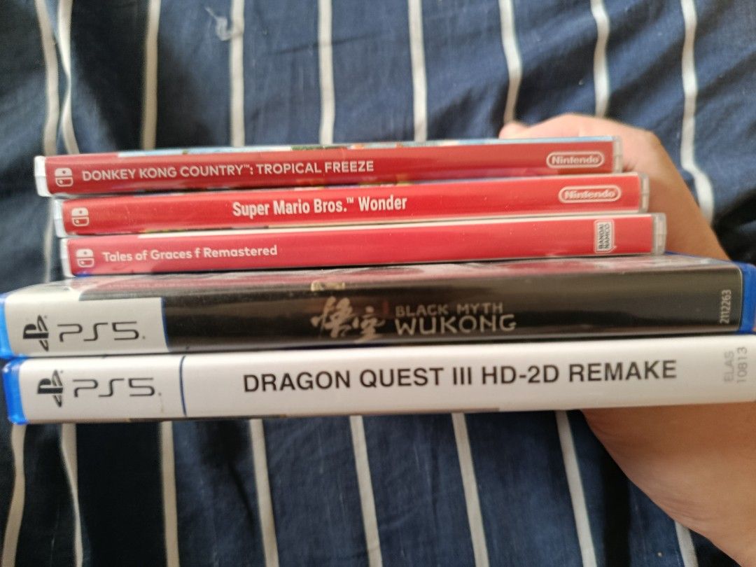 Nintendo Switch and PS5 Games (Category: PlayStation) located in Makati City. Submitted by flame_alchemist (Listing ID 1440988822, Image 2). Description: Black Myth Wukong SOLD Dragon Quest III HD-2D 1800 Donkey Kong Country Tropical Freeze RESERVED Super Mario Bros Wonder SOLD Tales of Graces f 1400 Both for 2700 Mandaluyong/Pasig area Meetups at Shangrila Plaza or SM MOA No trade Last price posted.