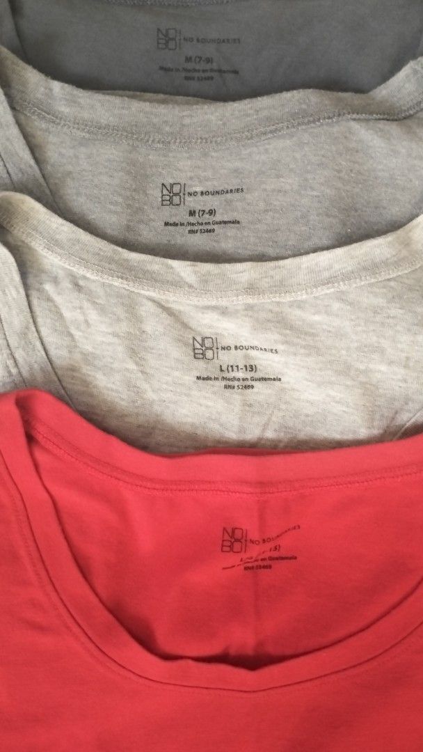 No Boundaries T-Shirts Bundle (3x M, 1x L) (Category: Shirts) located in Quezon City. Submitted by borresashl49573 (Listing ID 1441063277, Image 2). Description: - Bundle of 4pcs No Boundaries T-shirts 😍 - Good condition, very minimal sign of use lang. As in swerte nyo sa bundle nato grabe! 😍 - Colors: 3 Diff. shades of Grey & 1 Red - Sizes: M-Semi L - Ideal for everyday wear - TAKE ALL FOR 500php .