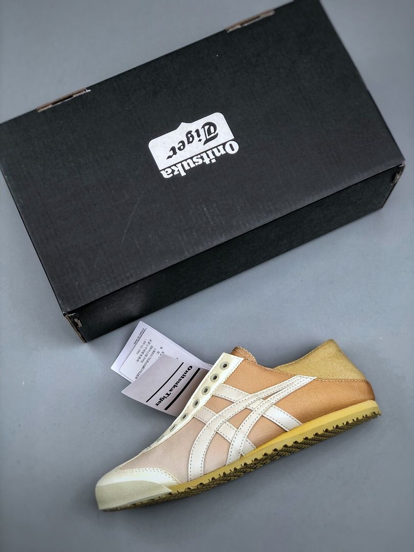 Onitsuka Tiger Mexico 66 Slip-On Beige Cream Nylon Sneakers EU35-EU45 (Category: Sneakers) located in Singapore. Submitted by umistore (Listing ID 1441155086, Image 3). Description: - Classic Onitsuka Tiger Mexico 66 - Color: Tan and Off-white - Style: Low-top, Lace-up (laces not included) - Condition: Comes with original box and tags - Ideal for: Casual wear.