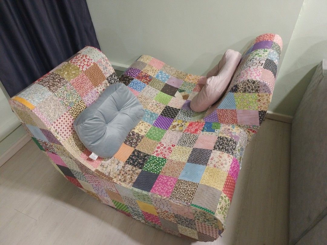 Patchwork Sofa Chair (Category: Sofas) located in Singapore. Submitted by destrok1nd (Listing ID 1441105111, Image 1). Description: Handmade Rocking Loveseat / Opposite-Facing Chair – $400 Unique handmade rocking chair/loveseat with a one-of-a-kind patchwork fabric design. Built on a solid wooden frame and designed for two people to sit facing opposite directions, making it a great conversation piece for living rooms, reading corners, studios, or