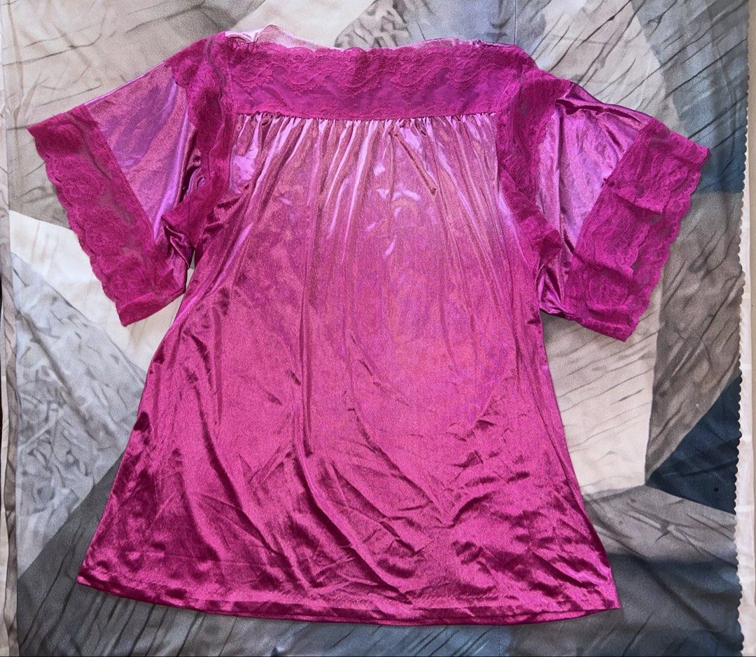 Pink Lace Trim Nightgown (Category: Undergarments & Loungewear) located in Pandi. Submitted by demmyyy (Listing ID 1441064647, Image 1). Description: - Silky material with a slight sheen Condition: Thrifted (Good condition) Size: M-L frame Bust: 38 in Length: 27.5 in Neck: 11 in MOP: Gcash/Gotyme MOD: J&T Can give slight discount for sure buyer. These are second-hand/ukay items. Please expect minor signs of wear, unnoticeable stains, or slight li