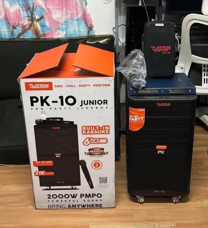 PK-10 Junior Pro platinum Party with mic (Category: Portable Audio Accessories) located in Bulacan. Submitted by eardiente9 (Listing ID 1441153269, Image 2). Description: For sale Platinum PK10 JR Secondhand 10K NEGONG NEGO papo Need cash buy nyo napo Issue Gumagana lang pag naka Charge Palitin battery Pero working 💯 yan basta naka saksak nakakakanta pa nga 🧡 Complete set No Box 2 Wireless Mic 1 songbook Cable Jack Charger Caypombo loc PWEDE DE