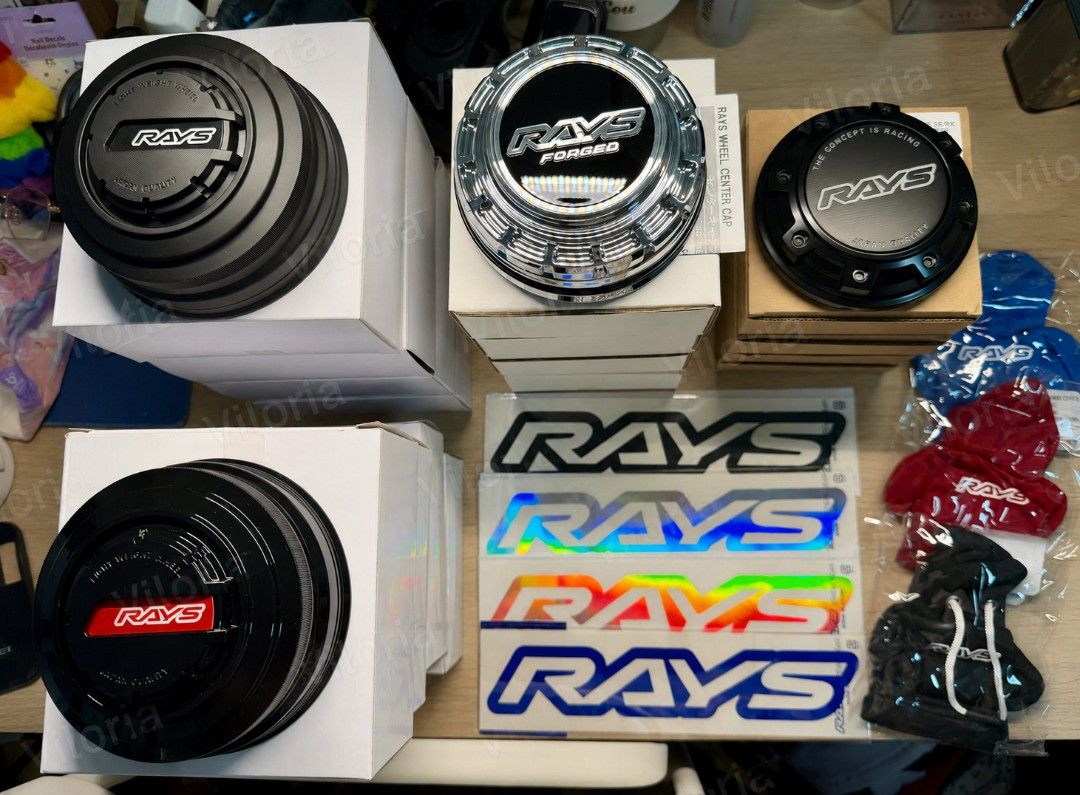 RAYS Wheel Center Caps, Stickers, and shift knob covers (Category: Other Automotive Parts and Accessories) located in Quezon City. Submitted by violet_08 (Listing ID 1441100682, Image 1). Description: For sale only ALL AUTHENTIC RAYS MERCH (Moneyback guarantee if proven fake) PRICES ARE FINAL AND NON-NEGO RAYS CENTER CAP NO. 80 CHROME 6x139.7 4pcs set = Php 14,000 RAYS CENTER CAP NO. 85 LPS CAP 6x139.7 Gloss Black/Red 4pcs set = Php 11,000 RAYS C