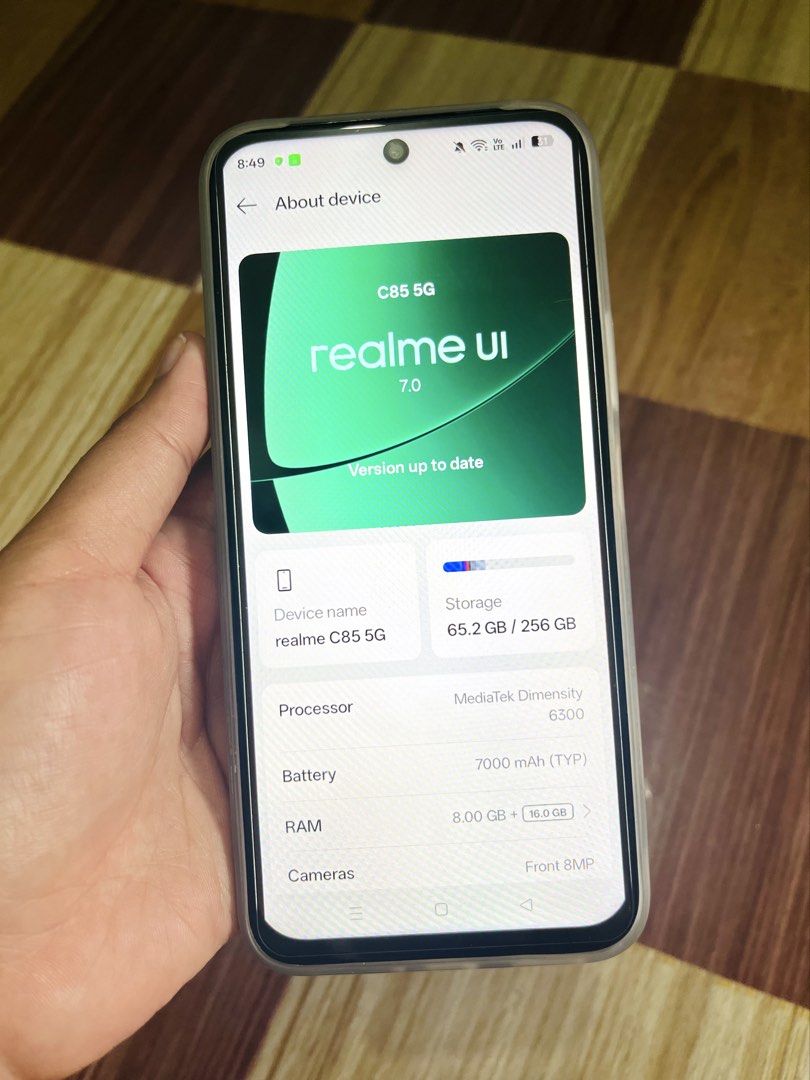 Realme C85 5G -256 GB (Category: Realme) located in Pasig City. Submitted by sdrosa (Listing ID 1440954272, Image 3). Description: For Sale‼️ Realme C85 5G 8+16ram/256gb 2 Months old No issue pwede sa mas elam Complete, with box, case, charger, and receipt. 📍Greenwoods, Cainta Can do Meetups to nearby areas 📱Specs (Realme C85 5g 8/256gb) ✅6.8-inch LCD, HD+ 1570×720, up to 144Hz, HBM 1200nit ✅MediaTek Dimensity 6300 ✅ 8GB RAM |256GB storage | up