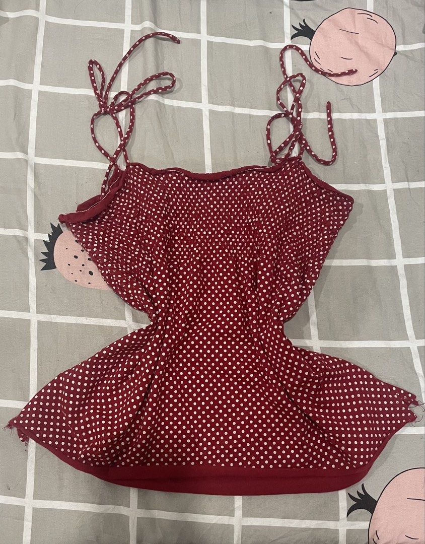 Coquette Cute Red Polka Dot Tie Strap Cami Top (Category: Sleeveless) located in Quezon City. Submitted by sharkubi_ (Listing ID 1441075546, Image 1). Description: - Cute red cami top with white polka dots - Adjustable tie straps at the shoulders - Ruffled neckline detail - Raw edge hem finish - Ideal for casual wear or layering price is nego! size - s to m j&t - ok! lalamove(within metro manila) - ok! buyer will shoulder sf gcash and banktransfe