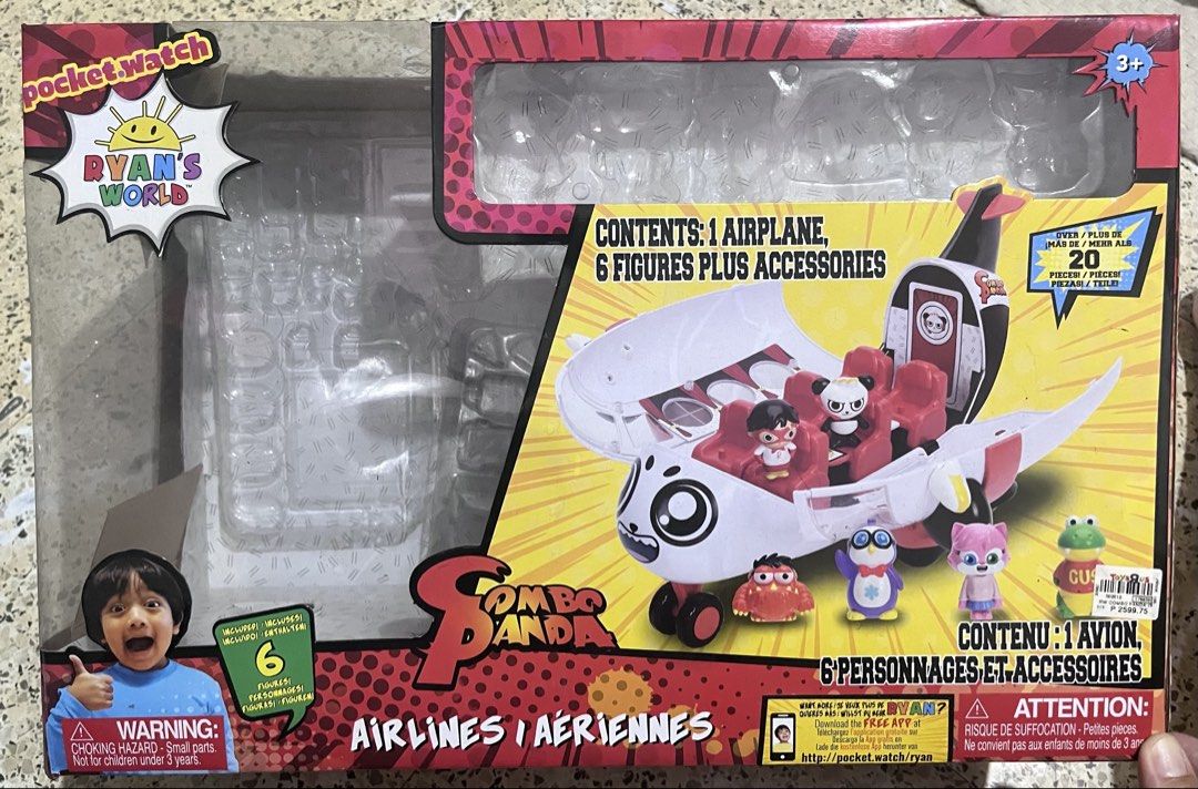Ryan's World Combo Panda Airlines Playset with 6 Figures (Category: Kids Toys) located in Caloocan City. Submitted by misisdeclutter (Listing ID 1441067033, Image 1). Description: - Ryan's World Combo Panda Airlines playset - Includes 1 airplane and 6 figures with accessories - Airplane opens up to reveal seats for figures - Features Ryan, Combo Panda, and other characters - Perfect for Ryan's World fans - All pieces are inside the airplane, as s