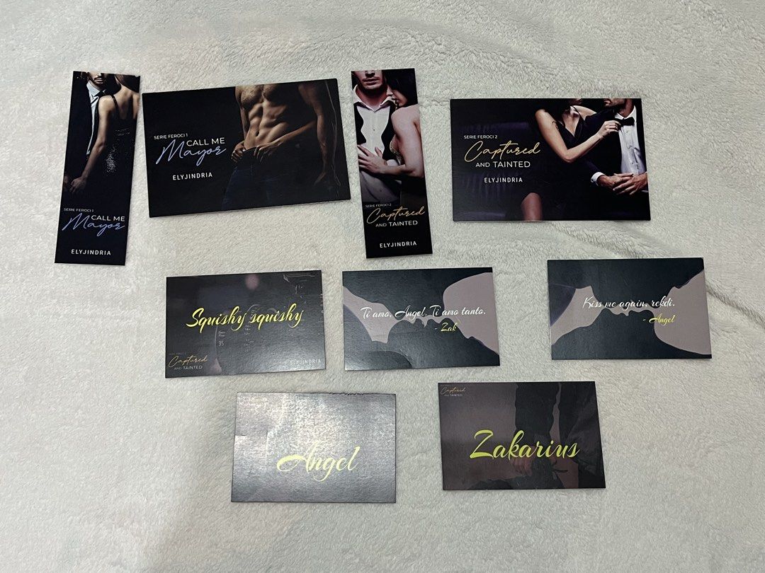 Serie Feroci Books 1 & 2 by ElyJindria (Category: Storybooks) located in Manila. Submitted by 4ngeluh (Listing ID 1441087638, Image 3). Description: - ₱1,000 for both - Both signed - With dedication - For Sale: Call Me Mayor (Book 1) - For Sale: Captured and Tainted (Book 2) - Part of the Serie Feroci by ElyJindria - Includes various photocards - Includes bookmarks - Great for fans of the series.