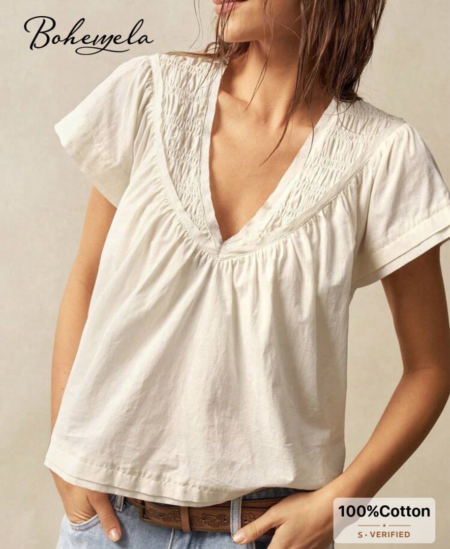 SHEIN Cream Smocked V-Neck Flutter Sleeve Top (Category: Blouses) located in San Isidro. Submitted by kosfei (Listing ID 1441113862, Image 1). Description: fits S-M help me clean up my closet >< all items are pre-loved, most are unused or worn only once! visit my ig @riclauset for more info ^^ .
