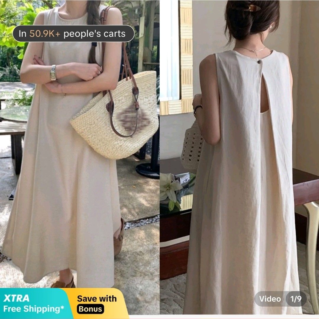 Sleeveless Midi Dress with Back Cutout (Category: Dresses) located in Makati City. Submitted by nette_pgdn (Listing ID 1441088075, Image 1). Description: - Simple and chic sleeveless midi dress - Natural beige color - Cute cutout detail at the back with button closure - Ideal for casual outings and relaxed days *Baught for 349 in tiktok shop. used only once. RFS: Decluttering.
