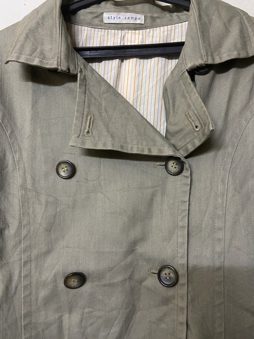 Style Zampa Double Breasted Khaki Jacket (Category: Coats, Jackets and Outerwear) located in San Juan City. Submitted by parabellum29 (Listing ID 1441057793, Image 2). Description: - Khaki double-breasted jacket by Style Zampa - Collared neckline - Two rows of buttons - Lightweight material, ideal for layering - Striped inner lining - Front pockets - Perfect for casual outfits - S to semi L.