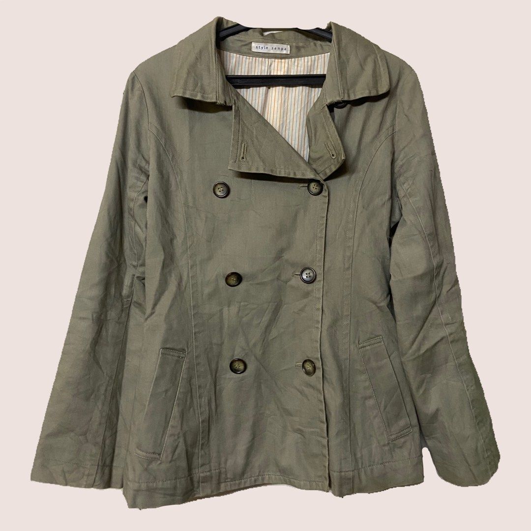 Style Zampa Double Breasted Khaki Jacket (Category: Coats, Jackets and Outerwear) located in San Juan City. Submitted by parabellum29 (Listing ID 1441057793, Image 1). Description: - Khaki double-breasted jacket by Style Zampa - Collared neckline - Two rows of buttons - Lightweight material, ideal for layering - Striped inner lining - Front pockets - Perfect for casual outfits - S to semi L.