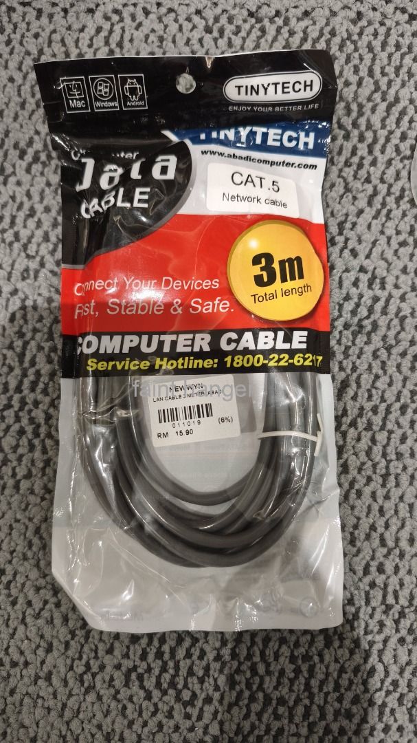 Tinytech CAT5 Patch Cable 3m (Category: Cables & Adaptors) located in Kuala Lumpur. Submitted by oldninja (Listing ID 1441100951, Image 1). Description: Tinytech CAT5 Patch Cable 3m Model: CAT5 Patch Cable Brand: Tinytech Length: 3m Condition: NEW Price is RM 4.90 each. I have 4pcs in total. COD @ SUNGAI BESI. Additional for courier..
