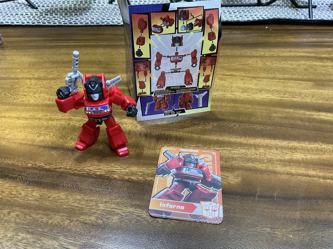 Transformers Defenders version 02 Inferno Action Figure with Card (Category: Action & Battle Toys) located in Manila. Submitted by myfind_1227 (Listing ID 1440992185, Image 1). Description: - Transformers Inferno action figure - Color: Red with black and blue accents - Includes accessory and character card - comes with instruction with color transformation steps - Ideal for any Transformers fan - no box.