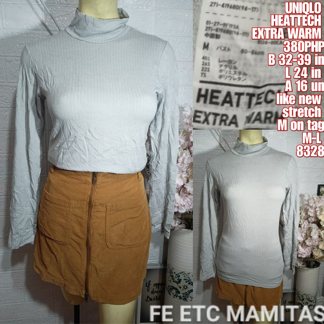 Uniqlo Heattech Extra Warm Turtleneck Top 8328 (Category: Longsleeves) located in Bulacan. Submitted by affordablebranded1987 (Listing ID 1440998325, Image 1). Description: - Uniqlo Heattech Extra Warm turtleneck top - Color: Light grey - Texture: Ribbed - Material: Stretchy for comfort - Size: Tag says M-L, fits like a size L - Measurements: Bust 32-39 inches, Length 24 inches - Ideal for layering in cold weather.