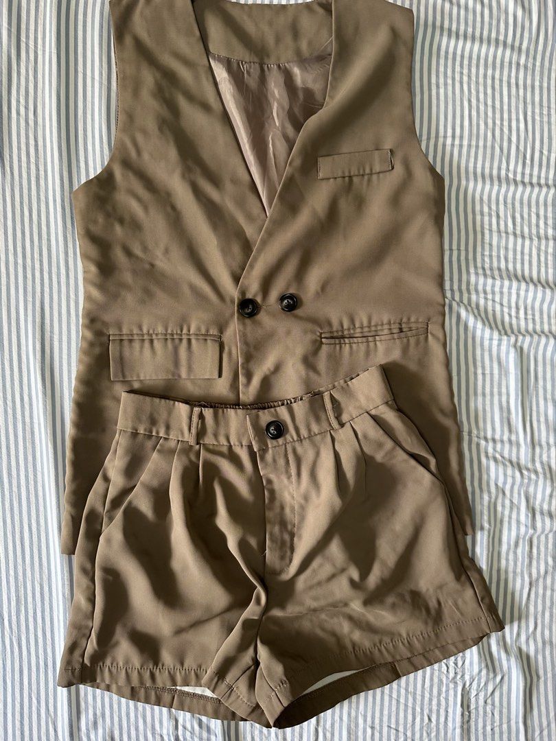 Vest blazer and shorts coords (Category: Sets or Coordinates) located in Quezon City. Submitted by tan__k (Listing ID 1440985571, Image 2). Description: Size Medium Dark chocolate Brandnew no when worn by me.