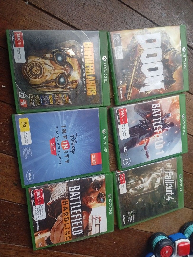 Xbox One Games: Borderlands, DOOM, Battlefield, Fallout 4 (Category: PlayStation) located in San Mateo. Submitted by waynetek14 (Listing ID 1440976108, Image 1). Description: - Xbox One Game Bundle - Includes: Borderlands: The Handsome Collection, DOOM, Battlefield 1, Battlefield Hardline, Disney Infinity 2.0, Fallout 4 - All discs are for Xbox One - Great collection for any gamer.