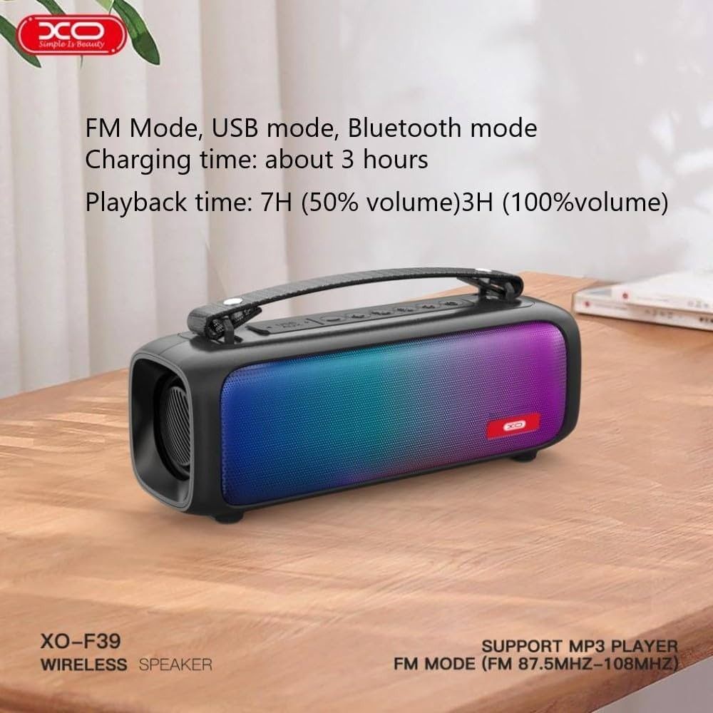 XO-F39 Wireless Speaker Bluetooth FM USB MP3 Player (Category: Soundbars, Speakers & Amplifiers) located in Manila. Submitted by biaman (Listing ID 1441119235, Image 1). Description: - Portable wireless speaker - Bluetooth, FM, and USB connectivity - Supports MP3 playback - 3-hour charging time - Up to 7 hours playback at 50% volume - 3 hours playback at 100% volume - Cool rainbow light effect - Built-in handle for easy carrying.