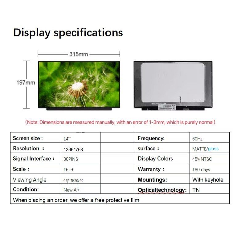 14" Laptop Screen LCD for IdeaPad 3 (Category: Laptops & Notebooks) located in Cavite. Submitted by tifanny.goods (Listing ID 1436073732, Image 2). Description: 14" Laptop screen LCD compatible with IdeaPad 3 14IIL05. Features HD/FHD resolution with 30 pins. Display specifications include a 16:9 scale, 60Hz frequency, and matte/gloss surface. The screen offers 45% NTSC display colors and a 180-day warranty. Dimensions are 315mm x 197mm. Compatibl