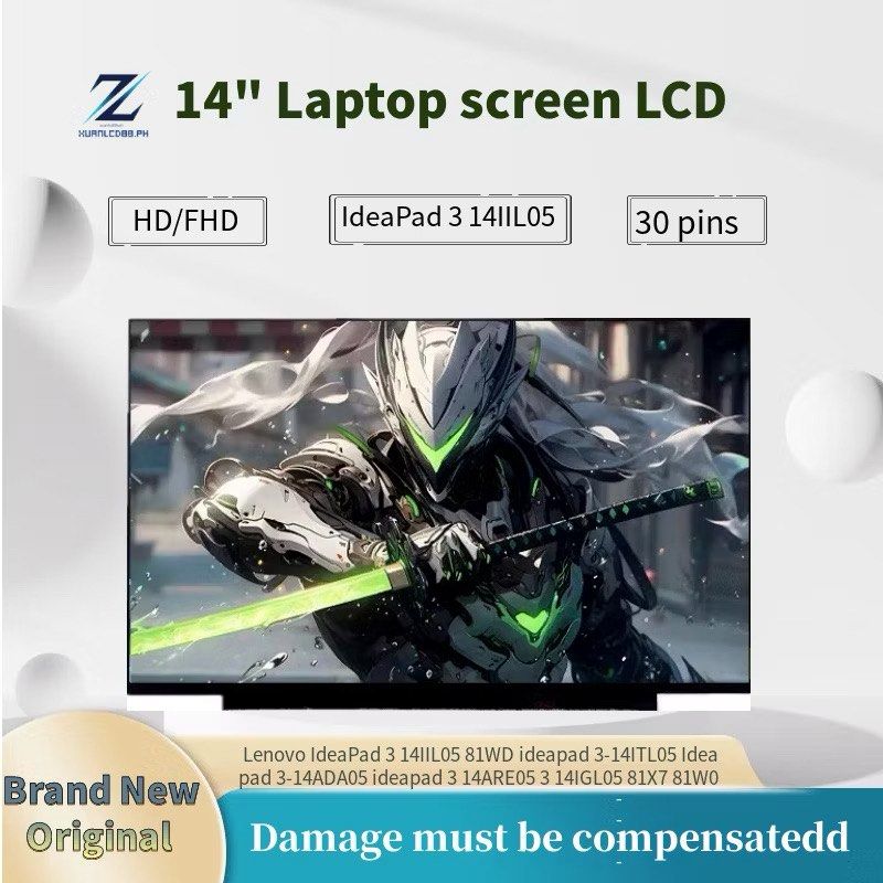 14" Laptop Screen LCD for IdeaPad 3 (Category: Laptops & Notebooks) located in Cavite. Submitted by tifanny.goods (Listing ID 1436073732, Image 1). Description: 14" Laptop screen LCD compatible with IdeaPad 3 14IIL05. Features HD/FHD resolution with 30 pins. Display specifications include a 16:9 scale, 60Hz frequency, and matte/gloss surface. The screen offers 45% NTSC display colors and a 180-day warranty. Dimensions are 315mm x 197mm. Compatibl