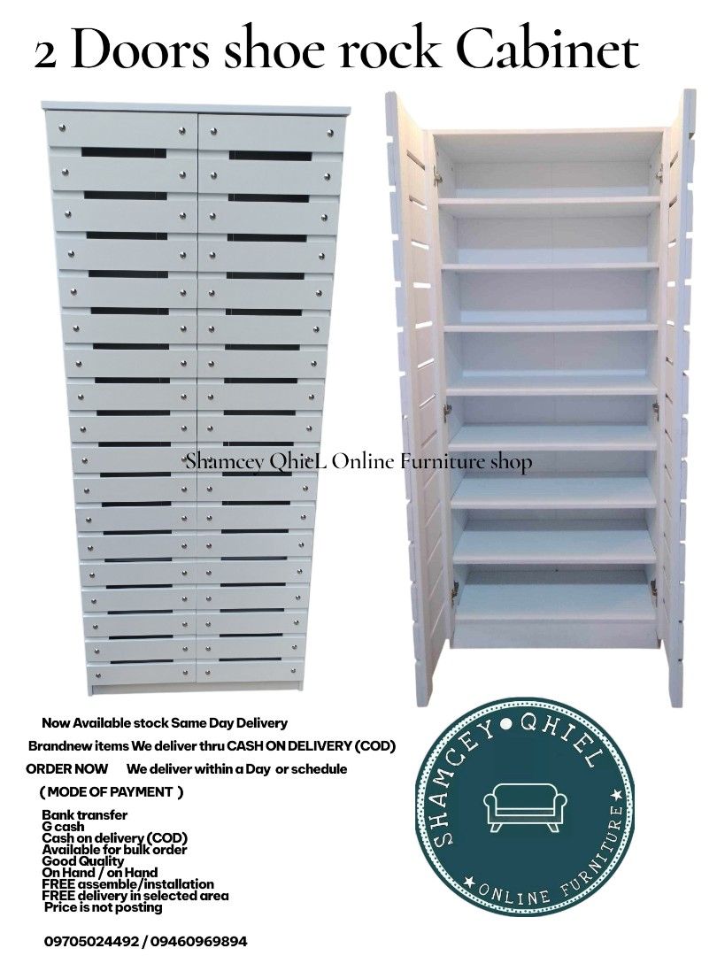 2 Doors Shoe Rock Cabinet (Category: Shelves, Cabinets & Racks) located in Manila. Submitted by morallosmariel2 (Listing ID 1435923163, Image 2). Description: - Stylish 2-door shoe rack cabinet - Available in various colors - Features multiple shelves for - Made with good quality materials - Same-day delivery available - Cash on delivery (COD) accepted - Bank transfer / G Cash payments - Free delivery in selected areas - Contact seller for bulk o